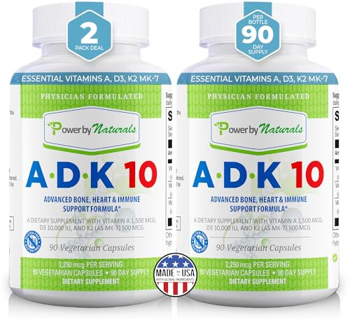 Power By Naturals ADK Vitamin Supplement – ADK 10 High Potency with Vitamins A, D3 10,000 IU & K2 MK7 for Bone Health – Vitamin A D K Supplement – 90 Capsules, 2 Pack (6-Month Supply)