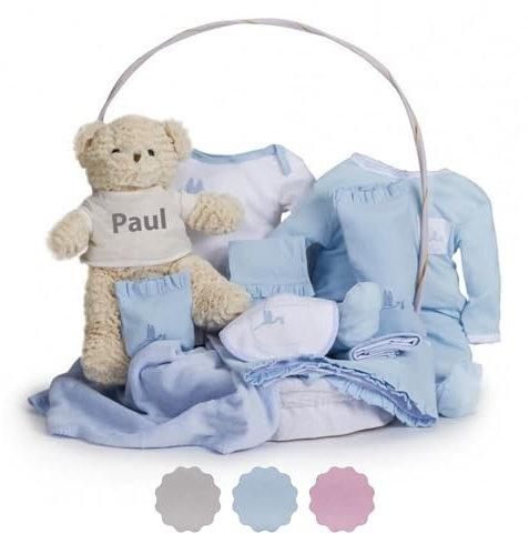 BebeDeParis Luxuriöse Geschenke für Neugeborene, klassischer Babykorb, personalisierbar, 3-6 Monate (Korbgeflecht, Blau) | BebeDeParis