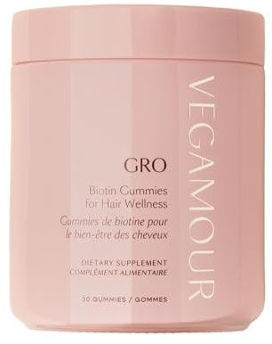 VEGAMOUR GRO Biotin Gummies, Strawberry Flavor with 5000 mcg Biotin, Supports Healthy Hair Vegan Gummies with Vitamins A, B, C, E, B-12 & More, 30 Ct