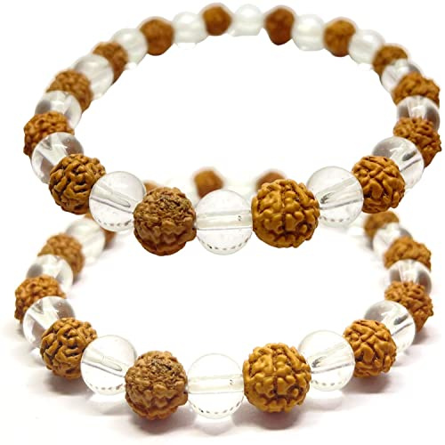 Naisha Rudraksha & Crystal Sphatik Bracelet en perles naturelles de l'Himalaya à 5 faces avec graines de Rudraksh de l'Himalaya Rudraksh, chapelet en cristal, Bois, Rudraksha.