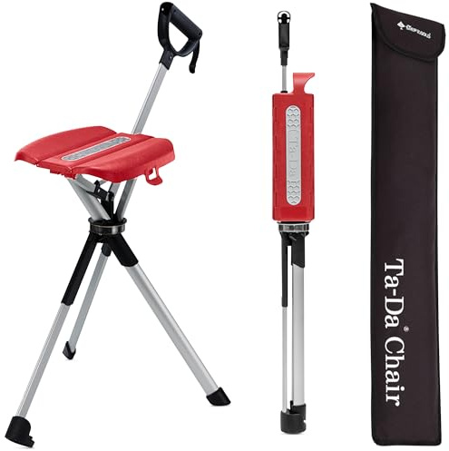 Ta-Da Chair Series 2 - Bastón de Senderismo con Asiento, Taburete Exterior Plegable (Máx. 136kg), Ideal para Senderismo y Actividades Outdoor - Rojo, 87cm