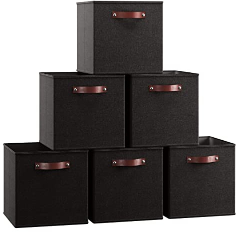 Ornavo Home 13 x 13 Storage Cube Bins, Foldable Collapsible Fabric Storage Bins Box Linen Shelf Basket Cube Organizer for Closet with Leather Handles, 6 Pack, Black