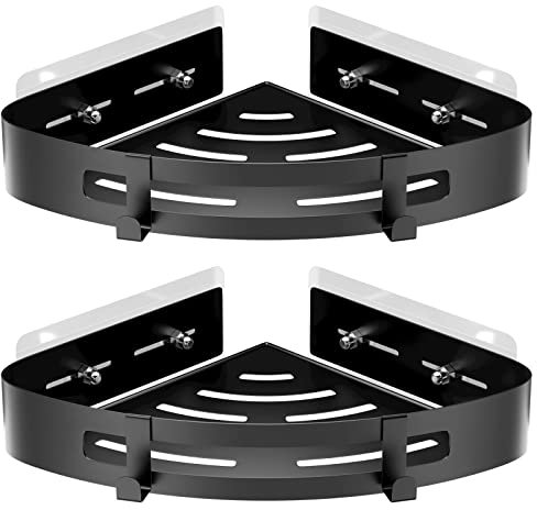 Uootach 2 Stück Duschablage Ohne Bohren, Eckablage Duschkorb Duschregal aus Aluminium mit Haken, Organizer für das Badezimmer Duschablagen, Ideal für Bäder, Küchen, Wohnräume(Schwarz)