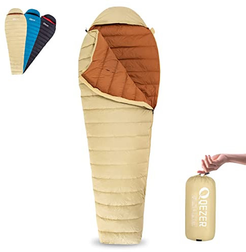 QEZER Daunenschlafsack, nur 620g Ultraleicht Daunen Schlafsack Kleines Packmaß für Sommer Camping,Trekking und Wandern Outdoor (Coffee-UK)