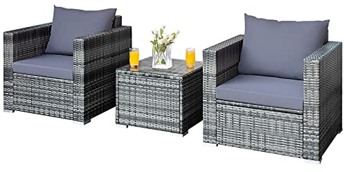 COSTWAY 3 Pieces Rattan Bistro Set, Patio Sofa Set Garden Table and Chairs with Cushions, Outdoor Furniture Wicker Conservatory Set for Balcony, Backyard, Terrace and Poolside (Grey)