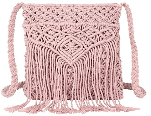 Millya Fringe Tassel Crossbody Shoulder Bag Straw Woven Handmade Boho Beach Travel Handbag for Women (7628+Pink)