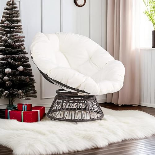 Thy-HOM 38 Large Size Papasan Chair with Thickened Cushion, 360 Outdoor Swivel Chair, Water Resistant Papasan Chair for Living Room, Reading Room, Porch and Garden-White
