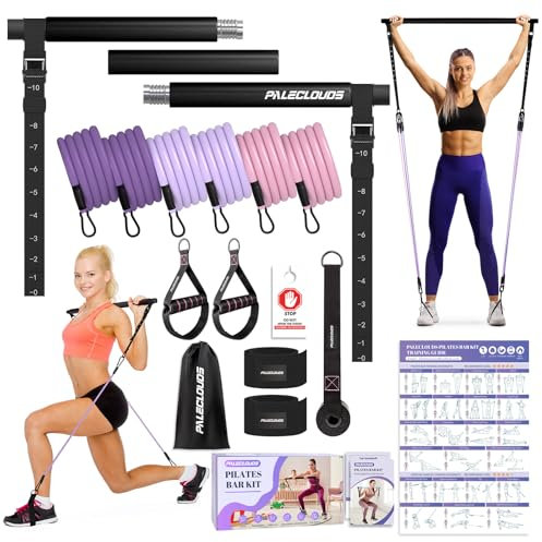 Pilates Stange, Pilates Bar Set mit 3 Paar Widerstandsbänder(20/25/30Lbs), Metall-Einstellung Schnalle & Ausbildung Poster, Pilates Skulptur Fitness Stange for Home Gym Workout Equipment(Frauen)