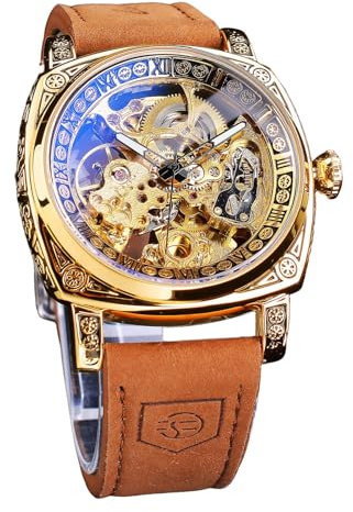 FORSINING Montre Homme Mécanique Automatique Carrée Squelette Dorée, Bracelet en Cuir Vintage Style Rétro, Étanche, Montre Bracelet Classique pour Homme (Gold-A)