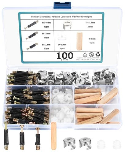 QJKEJI 100 Stk Exzenter Möbelverbinder Schrankverbinder, inkl Excenterbeschläge Einschraubdübel, Kunststoffmuttern, Nockenbeschlag, Holzdübel, Befestigungsschrauben Set für Möbel Kabinett.