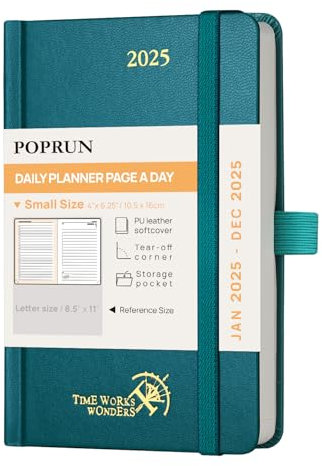 POPRUN A6 Terminplaner 2025, ein Tag pro Seite, fester Einband, 25 Tagesplaner, Tag pro Seite, Terminkalender mit 30-Minuten-Intervall, Innentasche (Pazifikgrün)