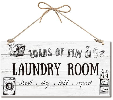 CREATCABIN Cartello da appendere in legno per lavanderia, decorazione per porta anteriore, cartello rustico, in legno, da appendere a parete, con spago, sfondo portico, 30 x 15 cm,