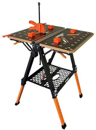 Tomahawk Multifunction Workbench with Clamp and Bench Dogs. Folding, Adustable Height 600-915mm, 454kg load capacity.