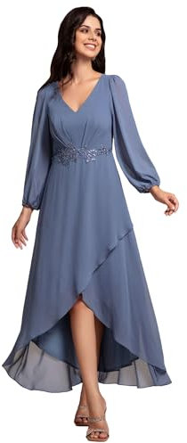 Ever-Pretty Vestido de Invitada Boda Cuello en V para Mujer Mangas Linterna Cintura Imperio Aplique Vestidos de Dama Honor Armada Polvorienta 50