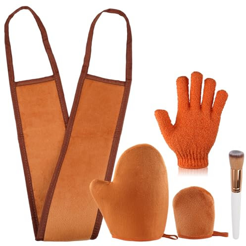 Selbstbräuner Handschuh Set mit Pinsel, 5 in 1 Mit Exfoliating Handschuh, Bräunungshandschuh, Selbstbräuner Rücken Applikator, Gesichtshandschuh Für Selbstbräuner, Waschbar Handschuhe, Braun