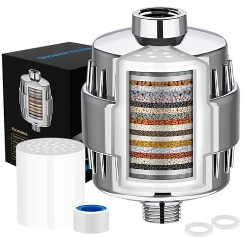 Shower Filter 15 Stage Shower Head Filter for Hard Water with Replaceable Multi-Stage Filter - Water Softener with Vitamin C Cartridge to Remove Chlorine, Heavy Metal