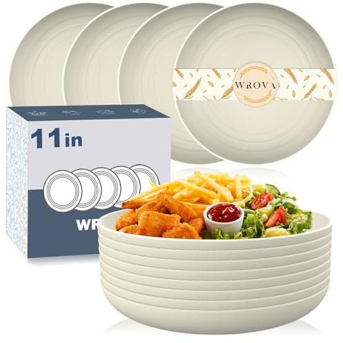 Wrova Big Salad Plates Set of 8-11 Inch Large Capacity Reusable Plastic Deep Plates Lightweight Plate for Fruit, Salad, Pizza, Dishwasher & Microwave Safe Kitchen Plate - Beige