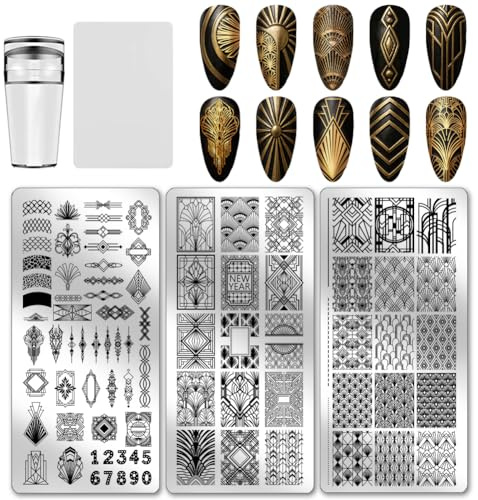 PH PandaHall 3pcs European Style Nail Stamping Plates, Decorative Geometric Nail Art Templates Number Stencils Stainless Steel Image Plates Tool for Women Nails Print Manicures Salon Design Supplies