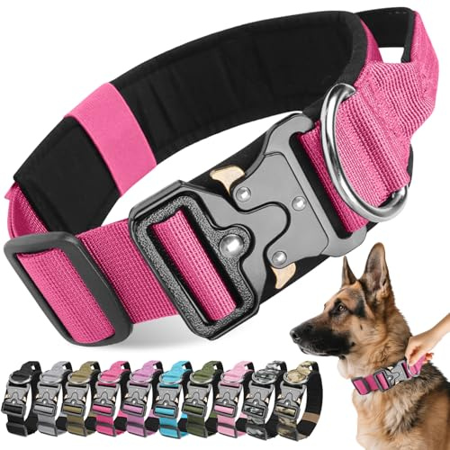 Viugex Collar Tactico para Perro, Ancho Collares Perro con Mango de Control, Collar para Perros Ajustable y Resistente, Cómodo Nylon Suave para Perros Pequeños Medianos Grandes (Rosa Rojo, M)