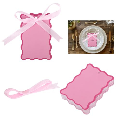 100pcs Scallop Place Cards for Wedding, Pink Name Cards for Table Setting with Ribbons DIY Seating Tags Bridal Shower Wedding Party Banquet Celebration Supplies