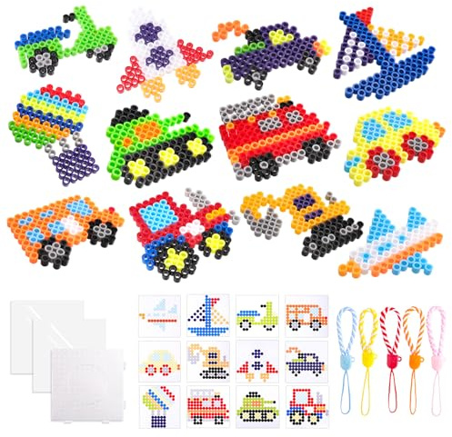 Kuvarix Perle a Repasser 10mm Motifs Circulation, Grosse Perles a Repasser XL pour Enfants à Partir de 3 Ans, avec Modèles de Véhicules, Papier à Repasser, Plaque et Cordons