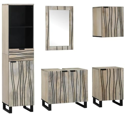 Mokuyary Juego de muebles de baño con estante, 5 unidades, color marrón nogal, madera de madera, juego de lavabo con espejo de baño y armario bajo lavabo