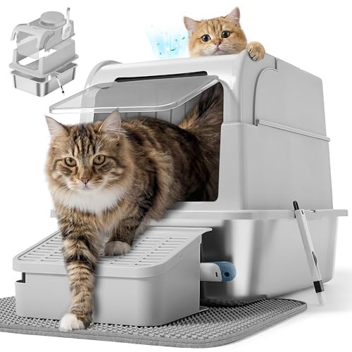 Feandrea Arenero para Gatos de Acero Inoxidable con Tapa, Caja de Arena Cerrada, 2 Entradas, Pala y Cepillo, para Gatos de hasta 15 kg, Gris Claro PPT021G101