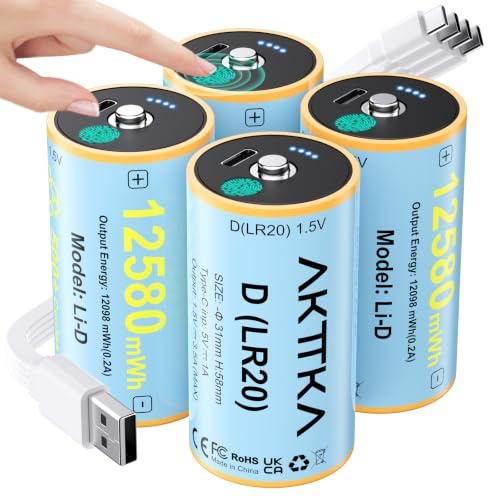 AKTTKA Pile D Ricaricabili 12580 mWh, Carica Diretta USB-C, 4 Pezzi, 1.5V Li-ion, Display Touch LED, Cavo 4-in-1, 500+ Cicli, per Torce Campeggio e Illuminazione Emergenza