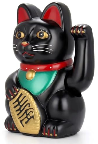 Starlet24 Winkende Glückskatze Winkekatze Lucky Cat Maneki-Neko Winkende Japanische Maneki-Neko batteriebetrieben (Schwarz&Sicherheit, 16cm)