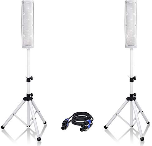 Sound Town Set di 2 altoparlanti a colonna passiva da 500 W con due altoparlanti a colonna da 10,2 x 10,2 cm, supporti per altoparlanti e cavi Speakon a Speakon da 2 m, bianco