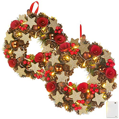 Britesta außen-Deko Weihnachten: 2 Weihnachtskränze, 20 warmweiße LEDs, Timer, batteriebetrieben, 28 cm (Türkränze Weihnachten außen LED, Deko-Weihnachtskranz, Lichterkette)