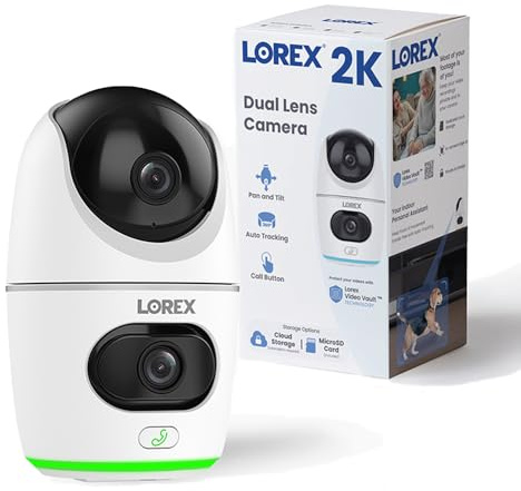 Lorex 2K Dual Lens Indoor Wi-Fi Security Camera | Auto-Tracking | 360° Pan-Tilt | Person & Pet Detection | IR Night Vision | 2-Way Talk | Call Button | Cloud & Local Storage (SD Card not Included)