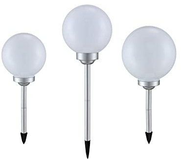 LED-solkulor, set om 3 med markspets – kulor 20 cm/25 cm/30 cm