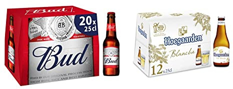 Bière Bud 5% Pack 20 Bouteilles 25cl & Bière Hoegaarden Blanche 4.9% Pack 12 Bouteilles 25cl