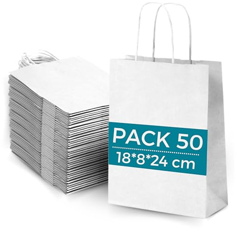 50x Vit Kraft Papperspåse med handtag 18x8x24cm Shoppingväska Bröllop Gåvor