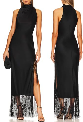 Aigeman Women Vintage Flapper Dresses 1920s Great Gatsby Halter Fringed Maxi Dress Tassels High Split Formal Dress 19(Medium,Black)