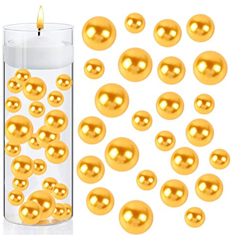 Perlmutt Perlen,150 Stücke Kunstperlen Schwimmende Perlen Vasenfüller Glänzende Perlen Ohne Loch Gemischte Größen Kunststoffperlen für DIY-Schmuck Schwimmende 10/14/20mm (Golden)