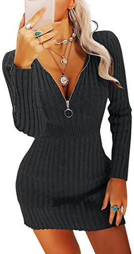 Ebifin Damen Strickkleid Elegant Pulloverkleid V-Ausschnitt Strickpullover Sexy Bodycon Winterkleid Minikleid Mit Reißverschluss.Schwarz.S