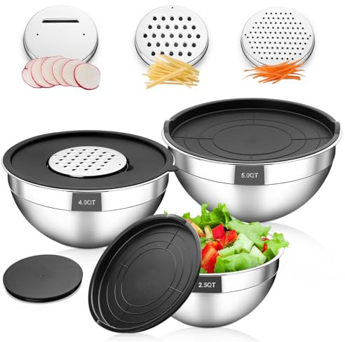 Bastwe Mixing Bowl Set of 3, Stainless Steel Nesting Bowls Set with Airtight Lids, Metal Bowl for Kitchen Baking/Serving, Space-Saving Storage & Dishwasher Safe, Size 2.5/4 / 5QT