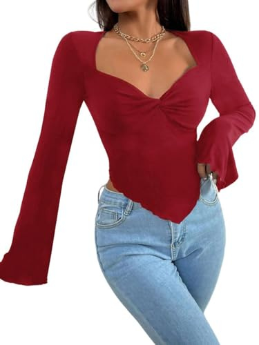 Rongseng T-Shirts à Manches Longues pour Femmes Crop Tops Col en Cœur Sexy Moulant Haut Slim Fit Basic Tops Ourlet Asymétrique Cropped Shirt Couleur Unie Blouse Chemises Mode Décontracté Streewear