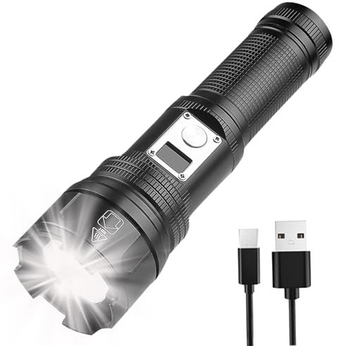 MODOAO Torce LED Super Bright Ricaricabile, Torcia ad Alta Potenza con Display di Potenza e Zoomable, IPX4 Impermeabile, 5 Modalità di Luce USB Tactical Torcia Elettrica, per Escursionismo Emergenza