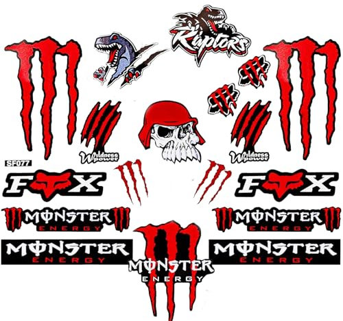 Yoimckay Motorrad Monster Energy Aufkleber, Wasserdicht Aufkleber Motorrad Coole, Hochwertige Sticker für MotorräDer, Motorradhelm, Skateboard, Auto Und GeläNdemotorräDer Rot