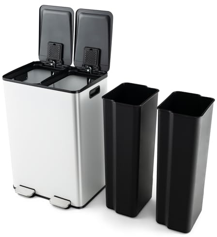GIANTEX Cubo de Basura con Pedal (2 X 30 L), Cubo de Reciclaje Caja Desodorante, Tapa Lisa y Silenciosa, 2 Cubos Extraíbles, Papelera de Reciclaje de Cocina (Blanco)