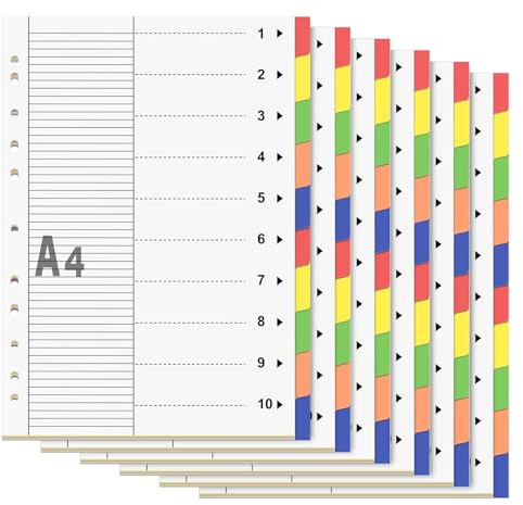 10 separadores para carpetas A4, 6 hojas separadoras DIN A4, cartón reciclable, 11 agujeros, práctica portada de papel estable para escribir, archivadores, 5 colores para carpetas, archivadores