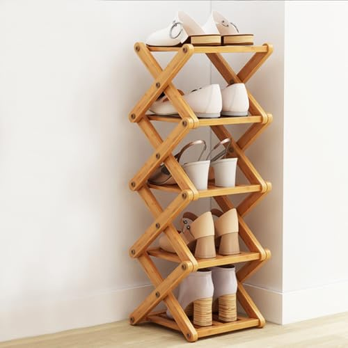 DAJAVE Étagère à Chaussures Pliable en Bambou, Meuble Rangement Chaussures Bois 5 Niveaux, Range Chaussures Vertical Économiseur d'Espace pour Entrée, Chambre