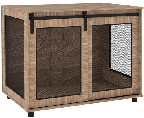 PawHut Hundekäfig Möbel mit 2 verschließbaren Schiebetüren Metall Erhöhte Hundebox für Zuhause Indoor Hundehütte für große Hunde bis zu 30 kg Hundehaus 98 x 60 x 78 cm, Nussbaum