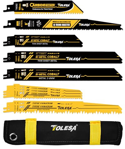 TOLESA Lot de 13 lames de scie sabre en carbure et bimétallique, pour élagage du bois, bois avec clous, métal épais et plastique, avec sac de rangement
