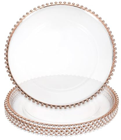 sourcing map Lot de 6 assiettes de présentation rondes en plastique transparent de 33 cm avec bordure en perles pour fête de mariage, événement, décoration de table, or rose