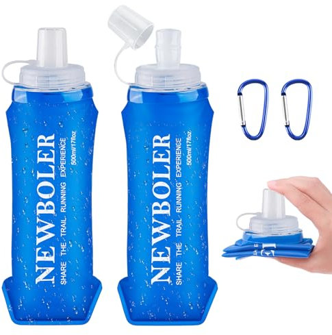 WuGU 2 Pcs Gourde Souple 500 ML, Bouteille d'eau Pliable Unisexe avec 2 Mousquetons, sans BPA, Flasque Running Réutilisable en TPU pour Course à Pied, Randonnée, Escalade
