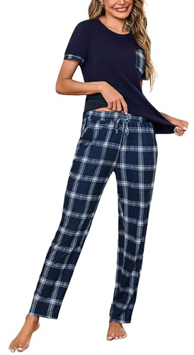 Litherday Ensemble Pyjama Femme Coton Haut Poche Marine S